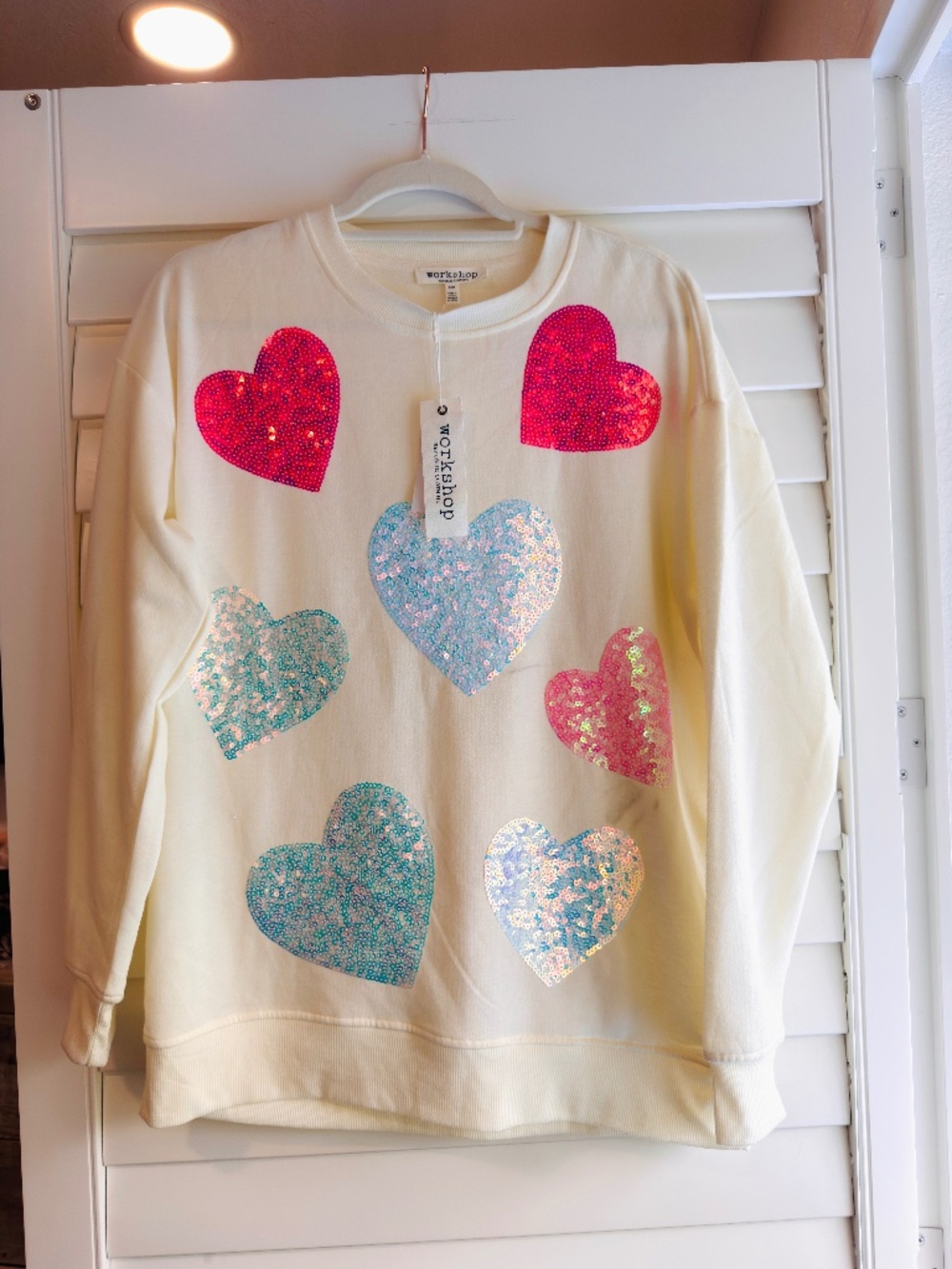 Workshop Republic Clothing Cream Sweater with Pink and Blue Sequin Hearts